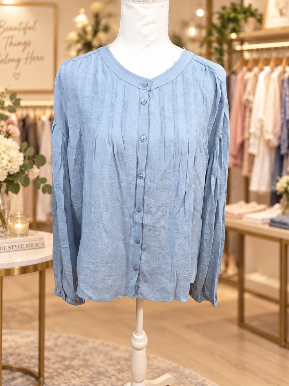 Frye Light Blue Pintuck Button-Down Blouse - Picture 2 of 8